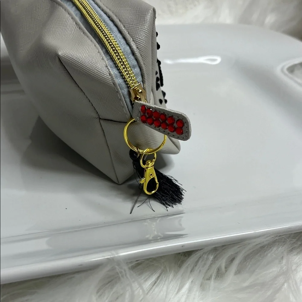 Stylish Grey, Black & Red Crystal Embellished Makeup bag